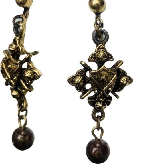 Vintage Gold Tone Brown Beaded Crest Clip On Drop Women’s Fancy Earrings - Picture 7 of 7